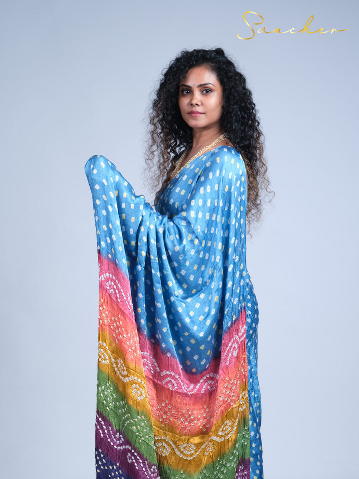 Pale Blue Rainbow Bandhani Modal Silk Saree