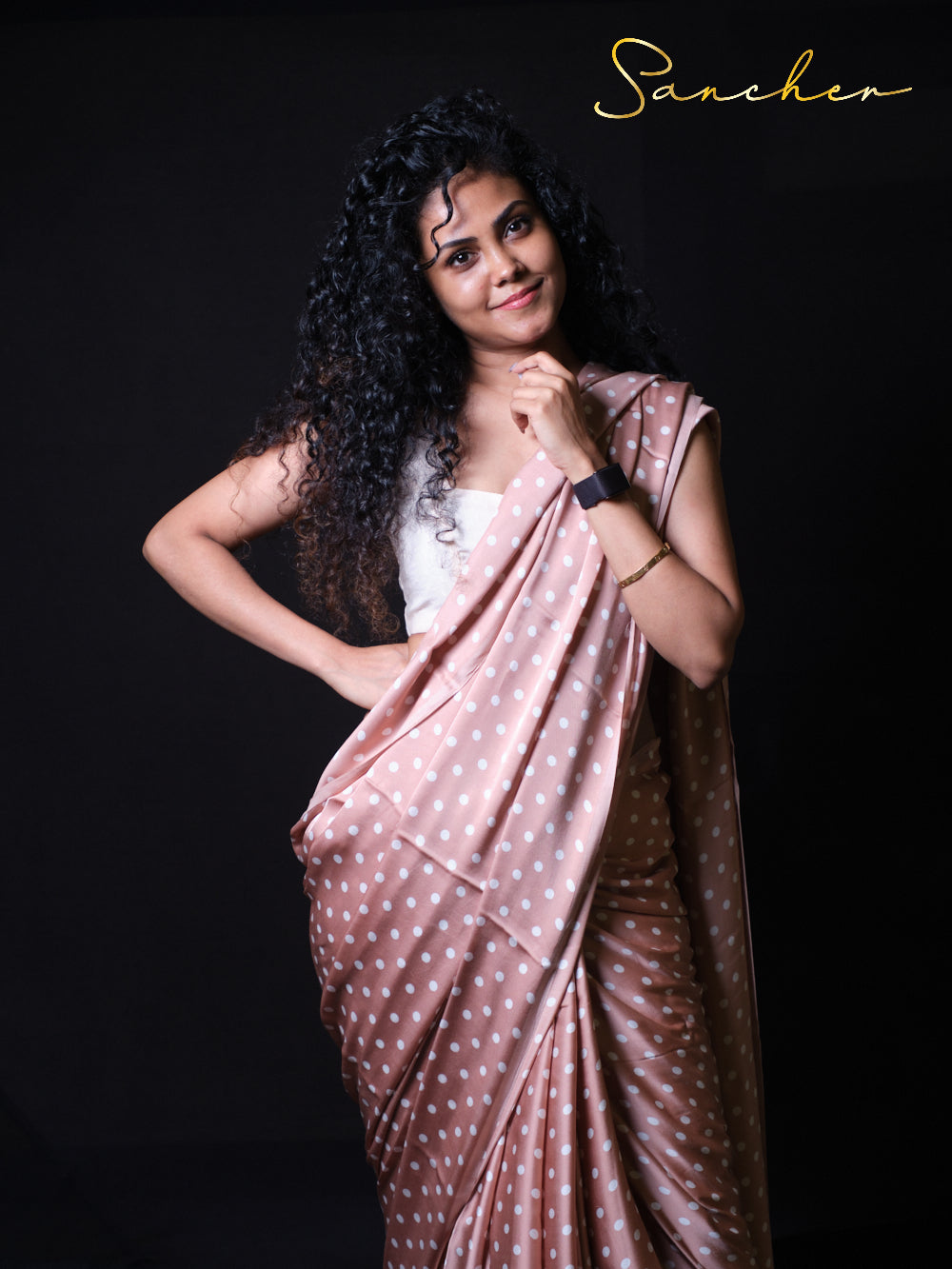 Sexy on the Beach modal silk saree featuring elegant white polka dots on dusty pink fabric