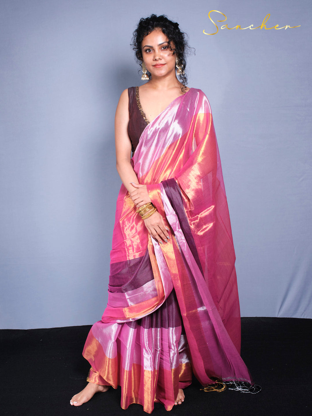 Soft Mul Zari cotton saree for office and party wear in elegant pink to purple gradient colors