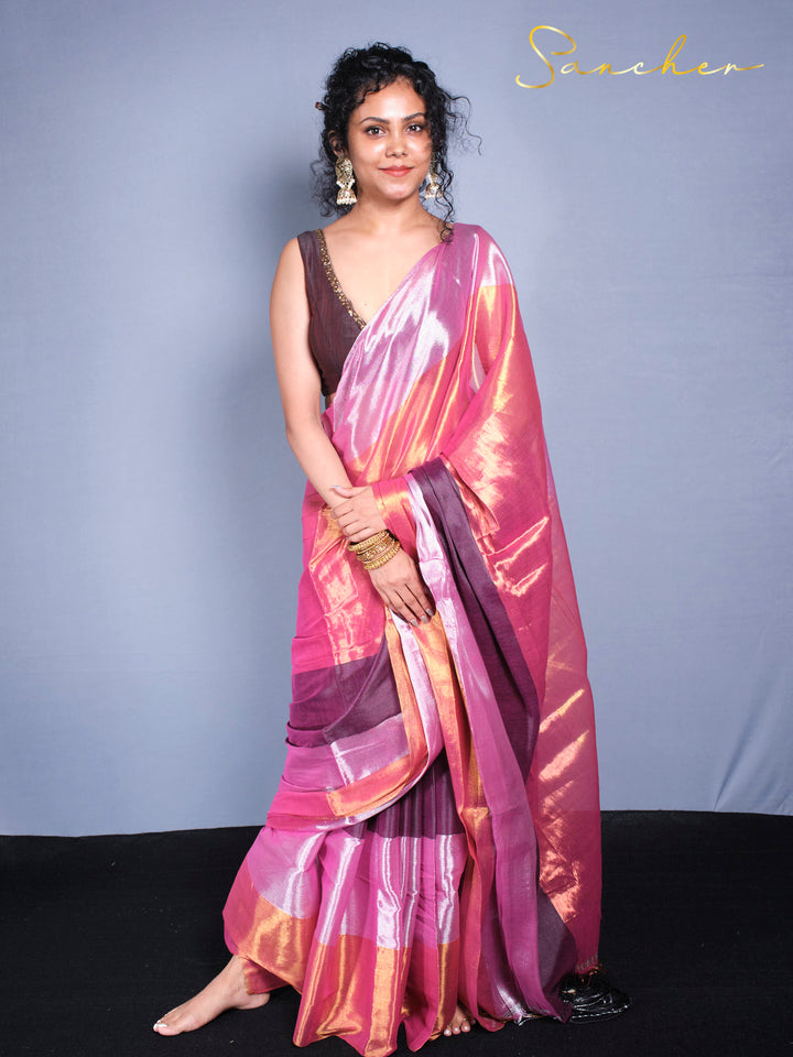 Full view portrait of model in Blossom Breeze saree showing complete draping style and color combination