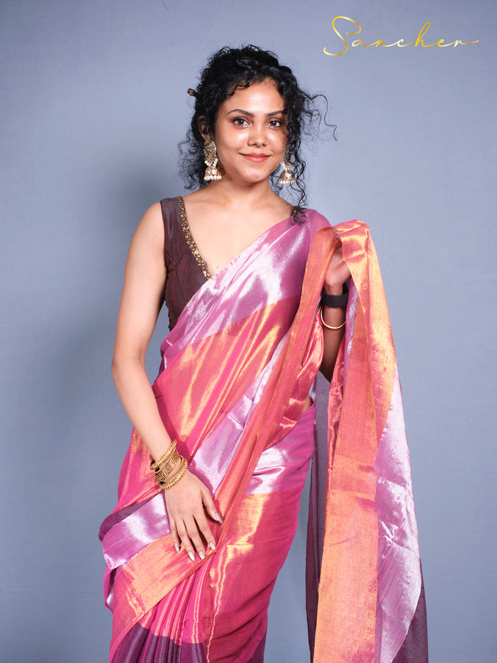 Pink purple Mul Zari saree with golden zari work perfect for Indian festivals and special occasions