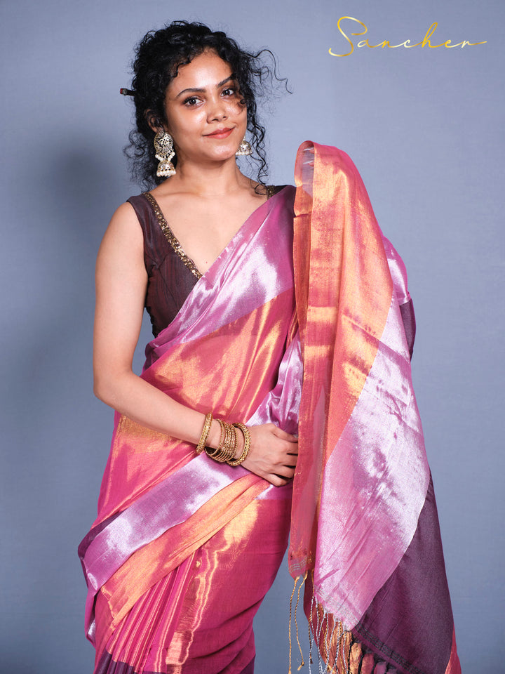 Close up view of Designer Mul Zari cotton saree in sunset colors with traditional Indian styling and comfortable fabric.