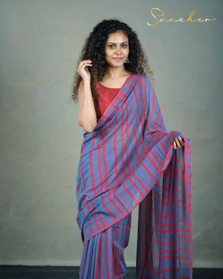 Burgundy Plum Mulmul Cotton Saree