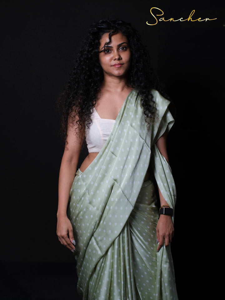 Front view of Chocolips modal silk saree showing polka dot pattern and elegant draping