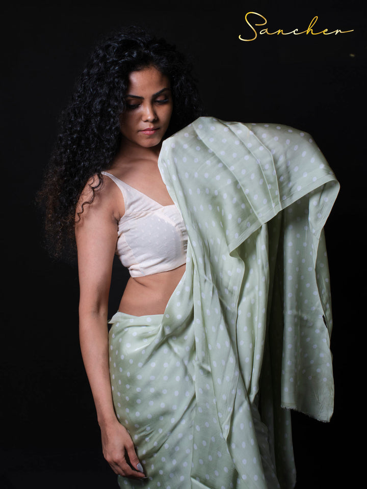 Modal silk saree with white crop top blouse showing contemporary styling