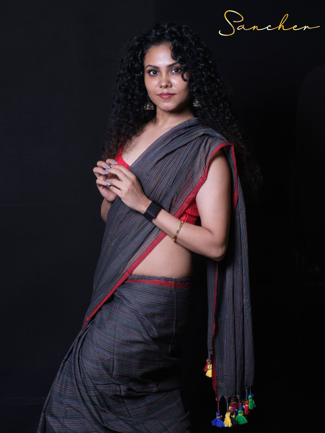 Lightweight mulmul cotton saree Coastal Charm in Green color with handwoven rainbow pinstripes traditional drape