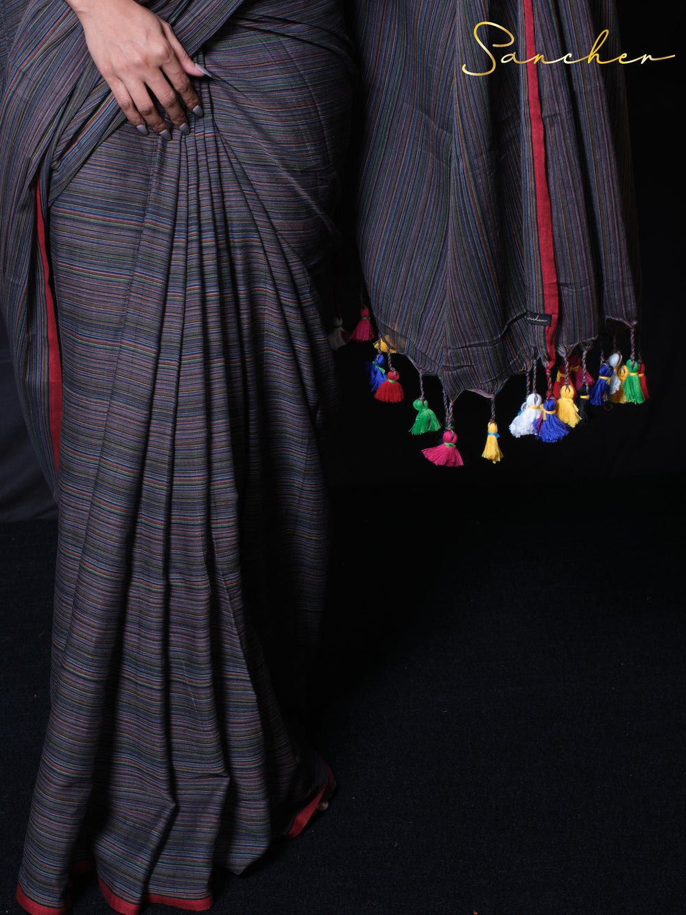 Coastal Charm handwoven Green saree with multicolored tassels and red blouse piece