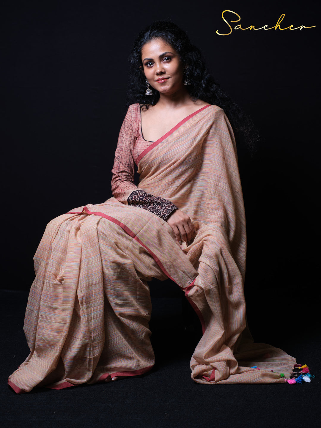 Coral Cascade Mulmul Cotton Saree