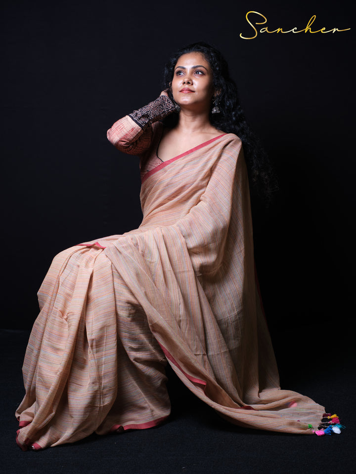Coral Cascade Mulmul Cotton Saree