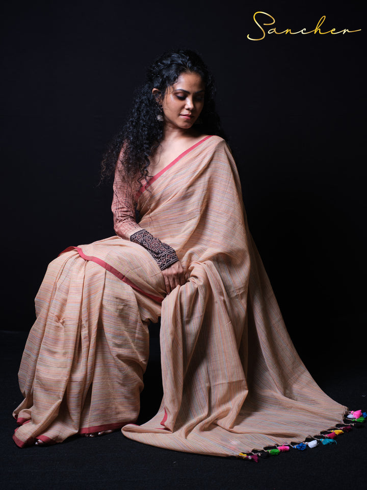 Coral Cascade Mulmul Cotton Saree