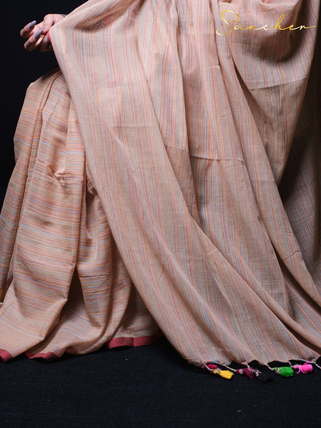 Coral Cascade Mulmul Cotton Saree