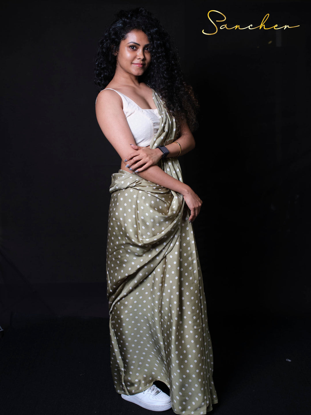 Side view of Flirty Fizz modal silk saree showing beautiful draping and polka dot pattern design