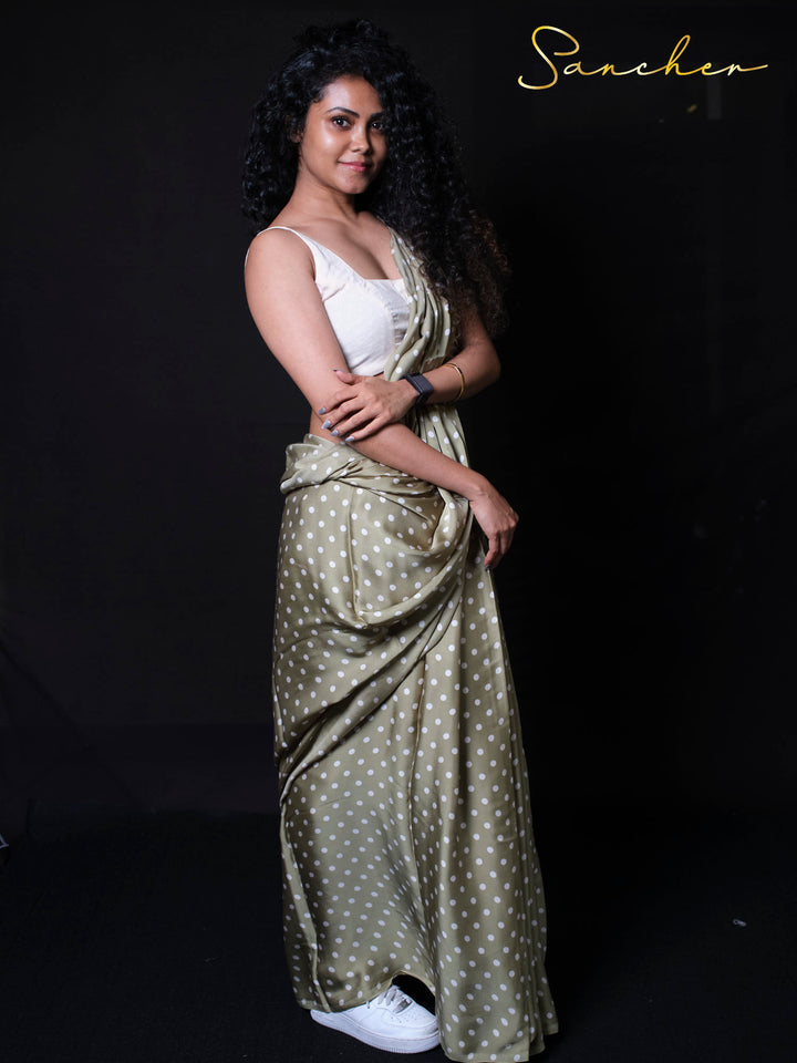 Side view of Flirty Fizz modal silk saree showing beautiful draping and polka dot pattern design
