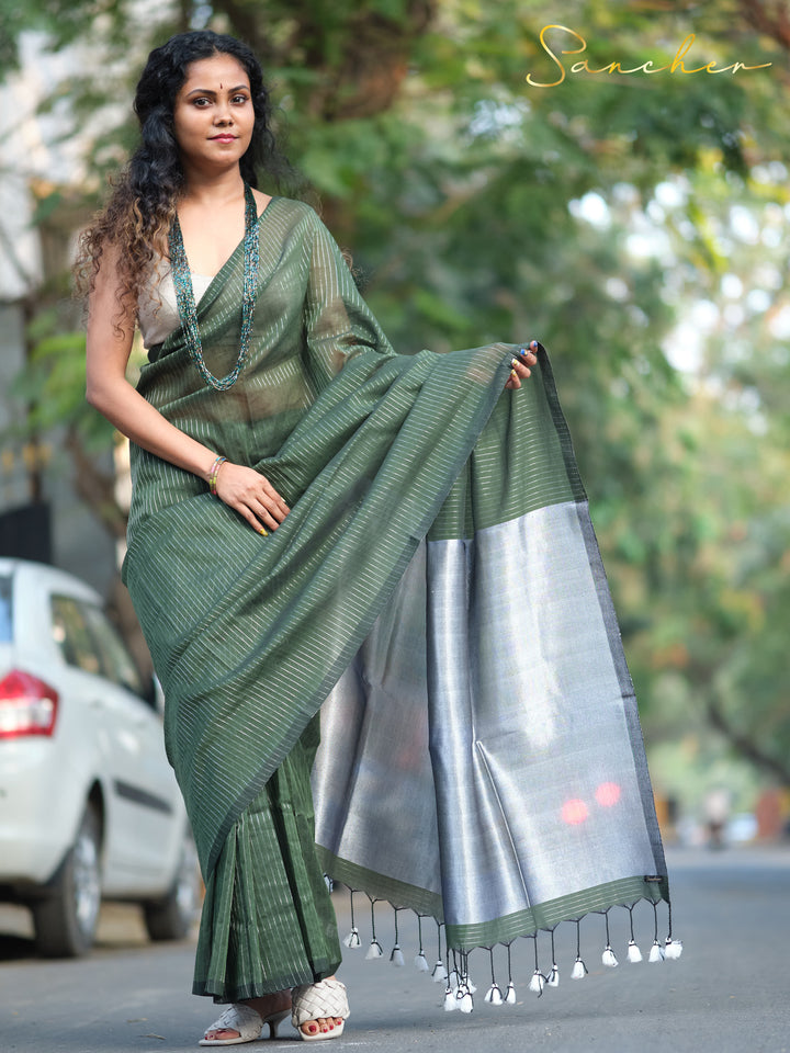 Forest Night Mulmul Cotton Saree