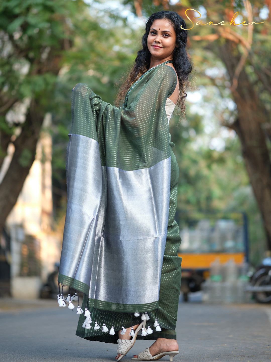 Forest Night Mulmul Cotton Saree