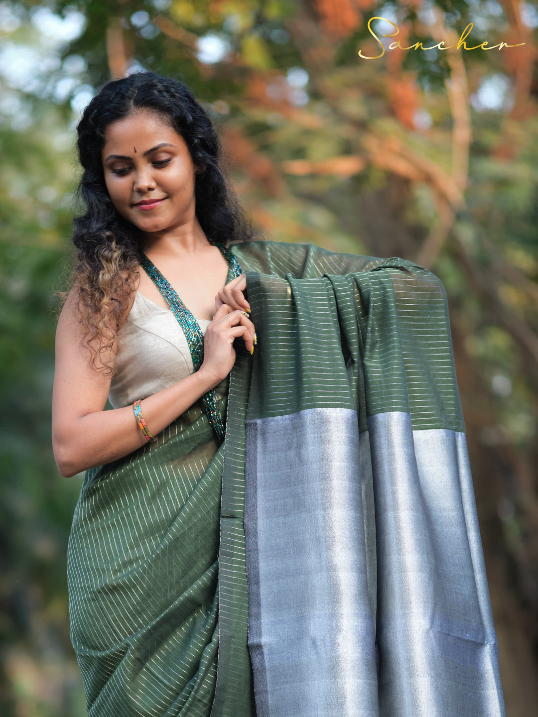 Forest Night Mulmul Cotton Saree