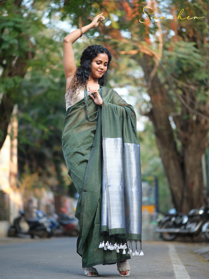 Forest Night Mulmul Cotton Saree