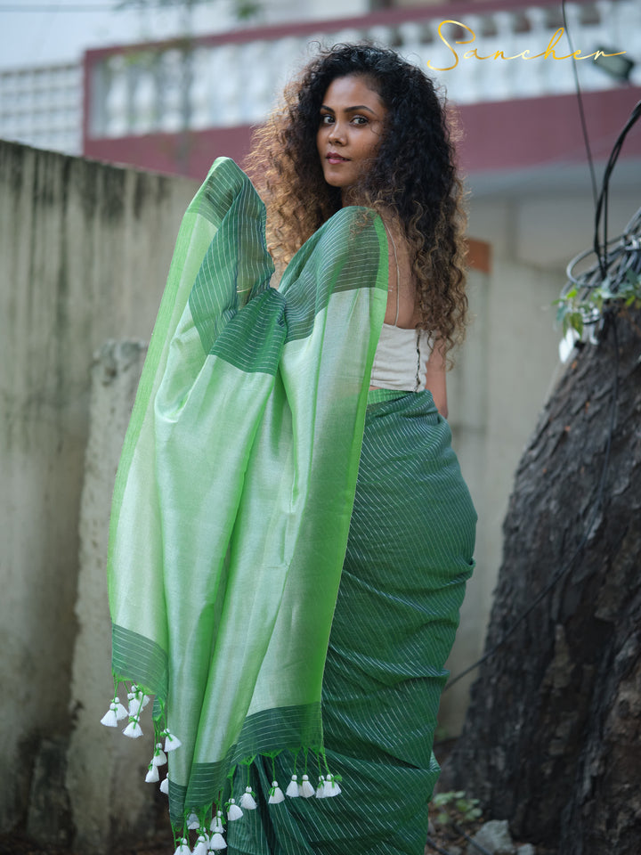 Green Hunter Mulmul Cotton Saree
