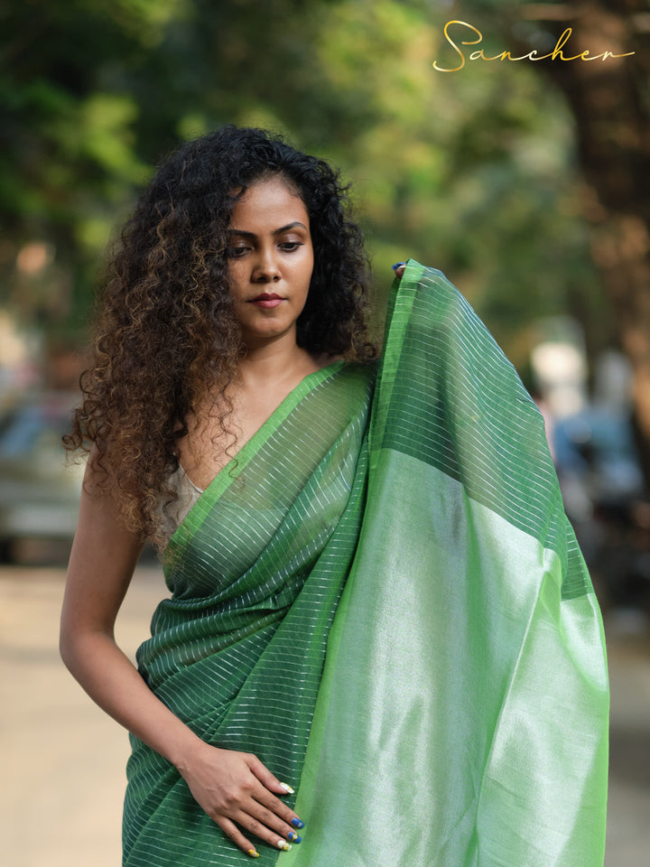 Green Hunter Mulmul Cotton Saree