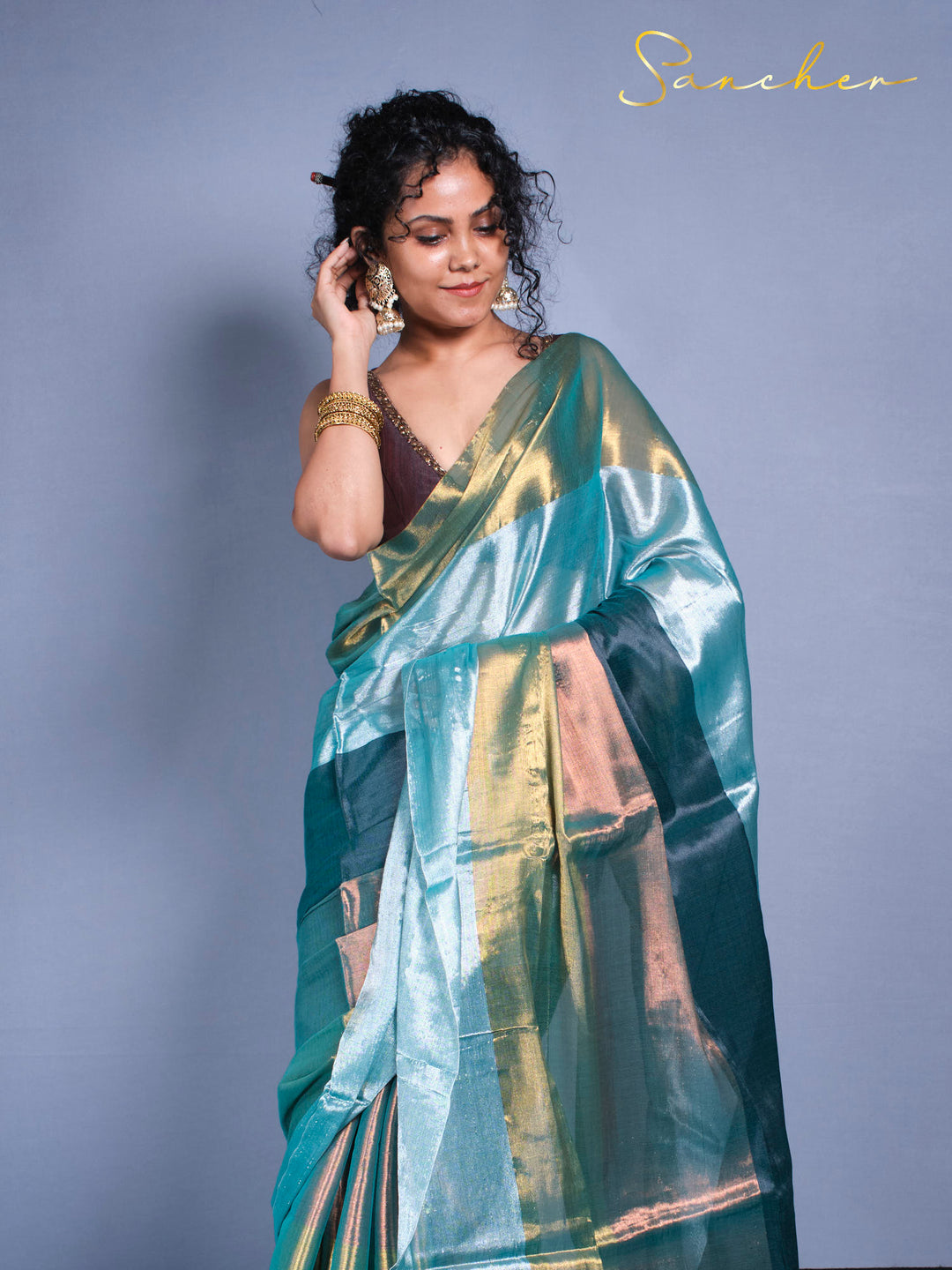 Front pose showing iridescent mul zari saree perfect for office wear and festivals