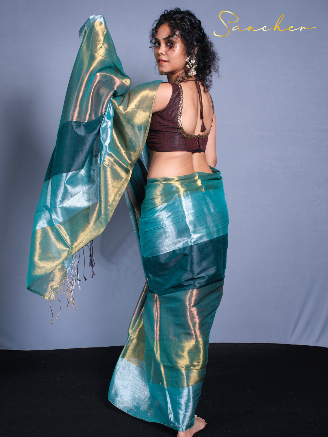 Rear view of designer mul zari saree highlighting traditional blouse design with embroidery