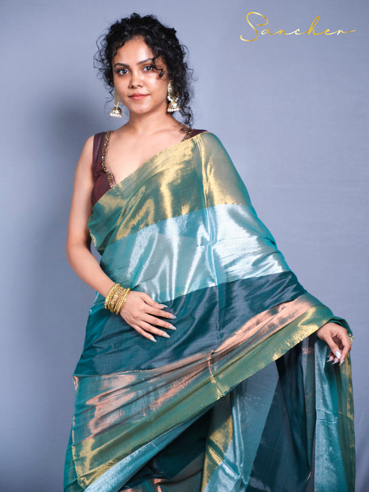 Front pose showing iridescent mul zari saree perfect for office wear and festivals