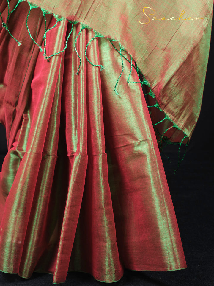 Pure mul zari saree with green tassel border and traditional Indian styling