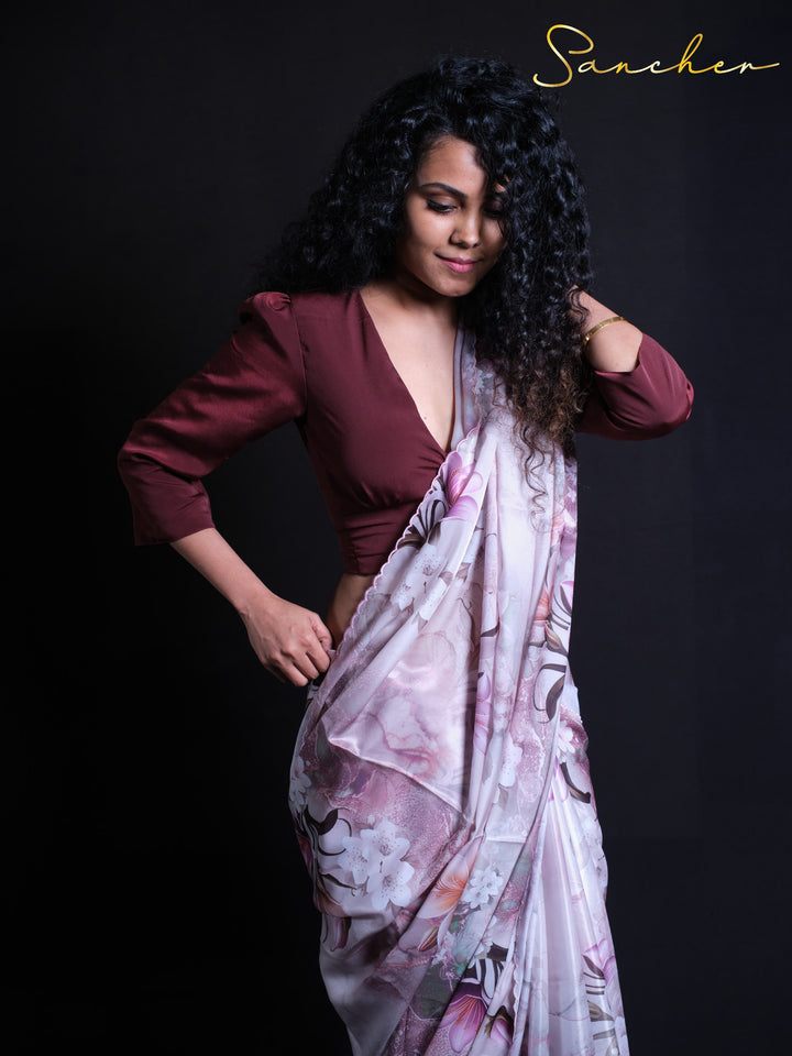 Model showcasing elegant drape of Late Tulip premium satin silk saree with stylish pose