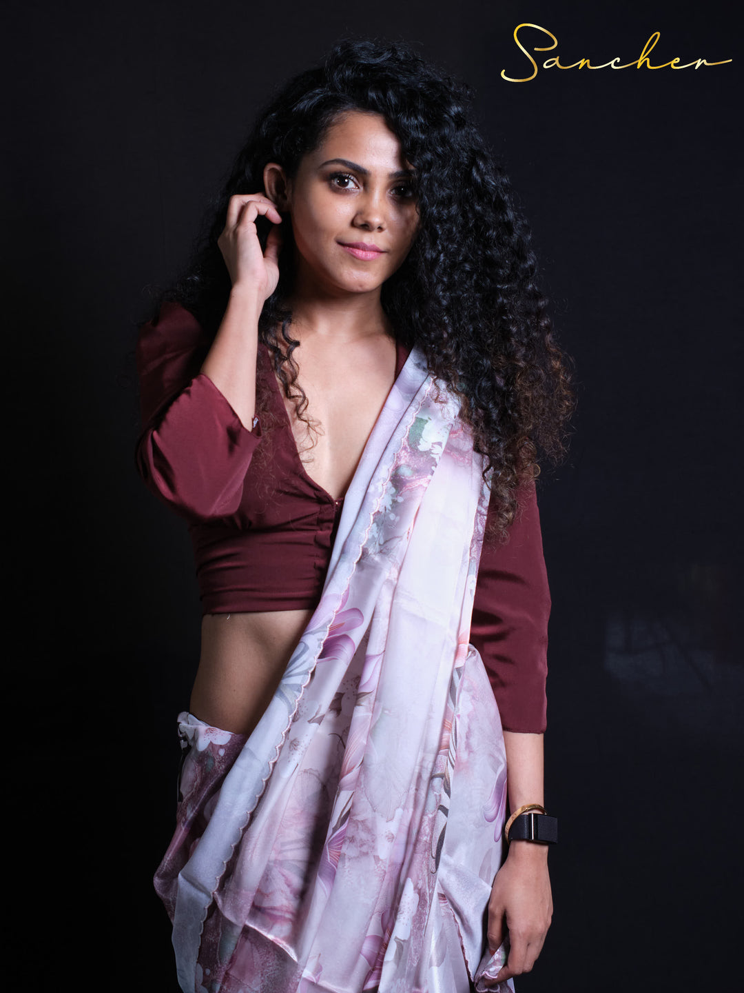 Premium satin silk Late Tulip saree with delicate pink floral pattern against white background