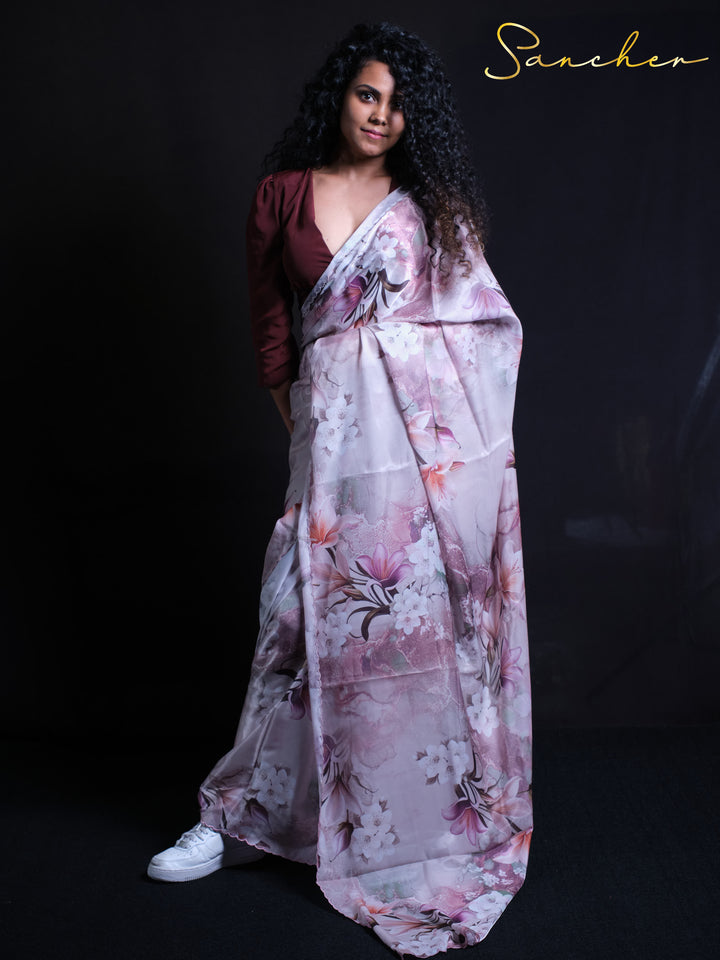 Full-length view of floral printed Late Tulip satin silk saree with contemporary styling