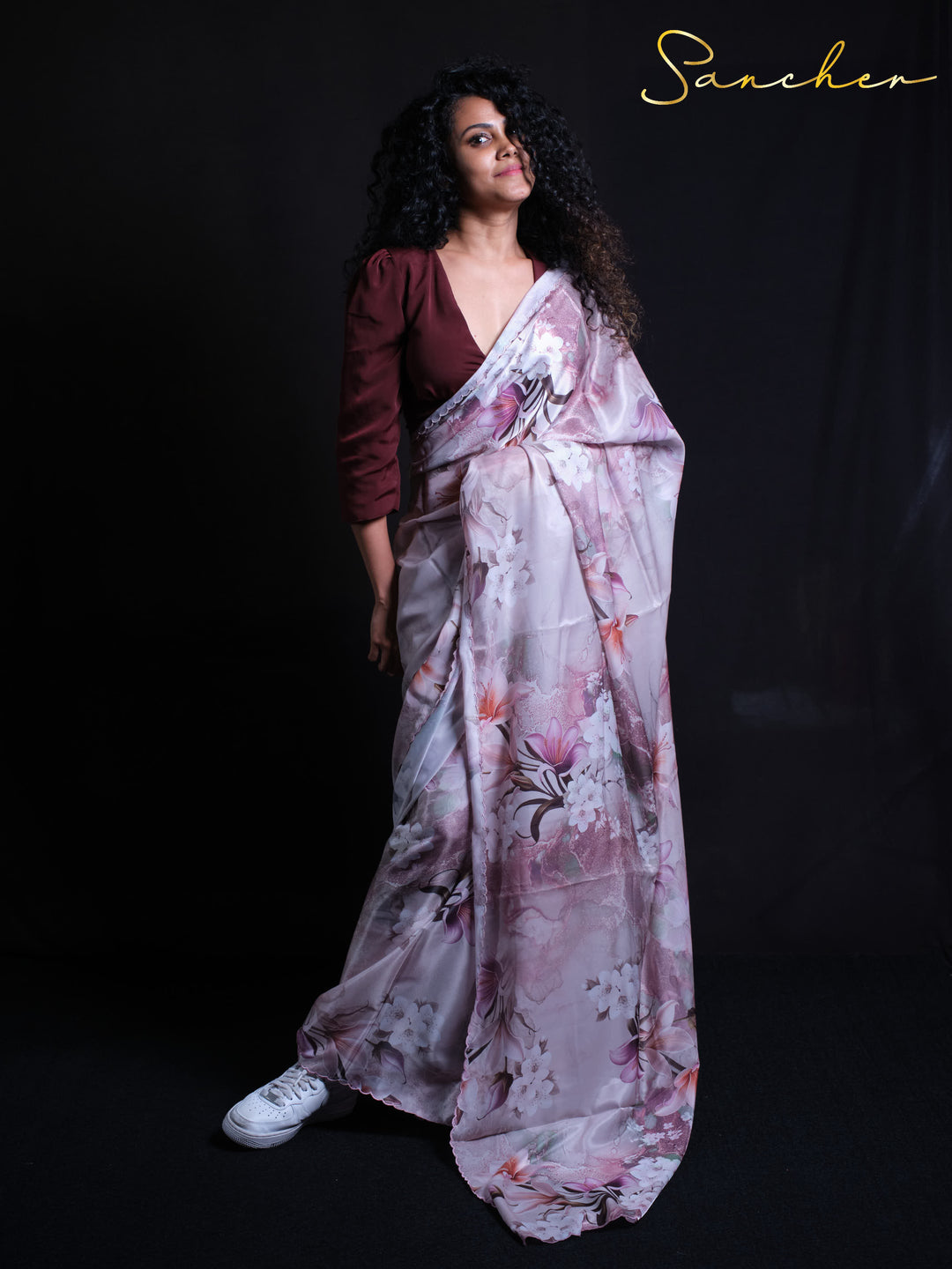 Model wearing Late Tulip premium satin silk saree with burgundy crop top blouse