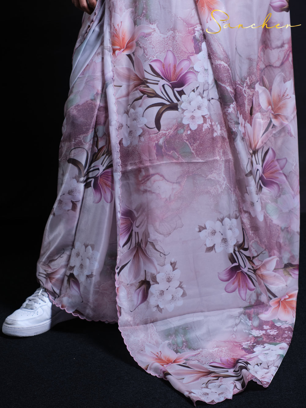 Premium satin silk Late Tulip saree with delicate pink floral pattern against white background