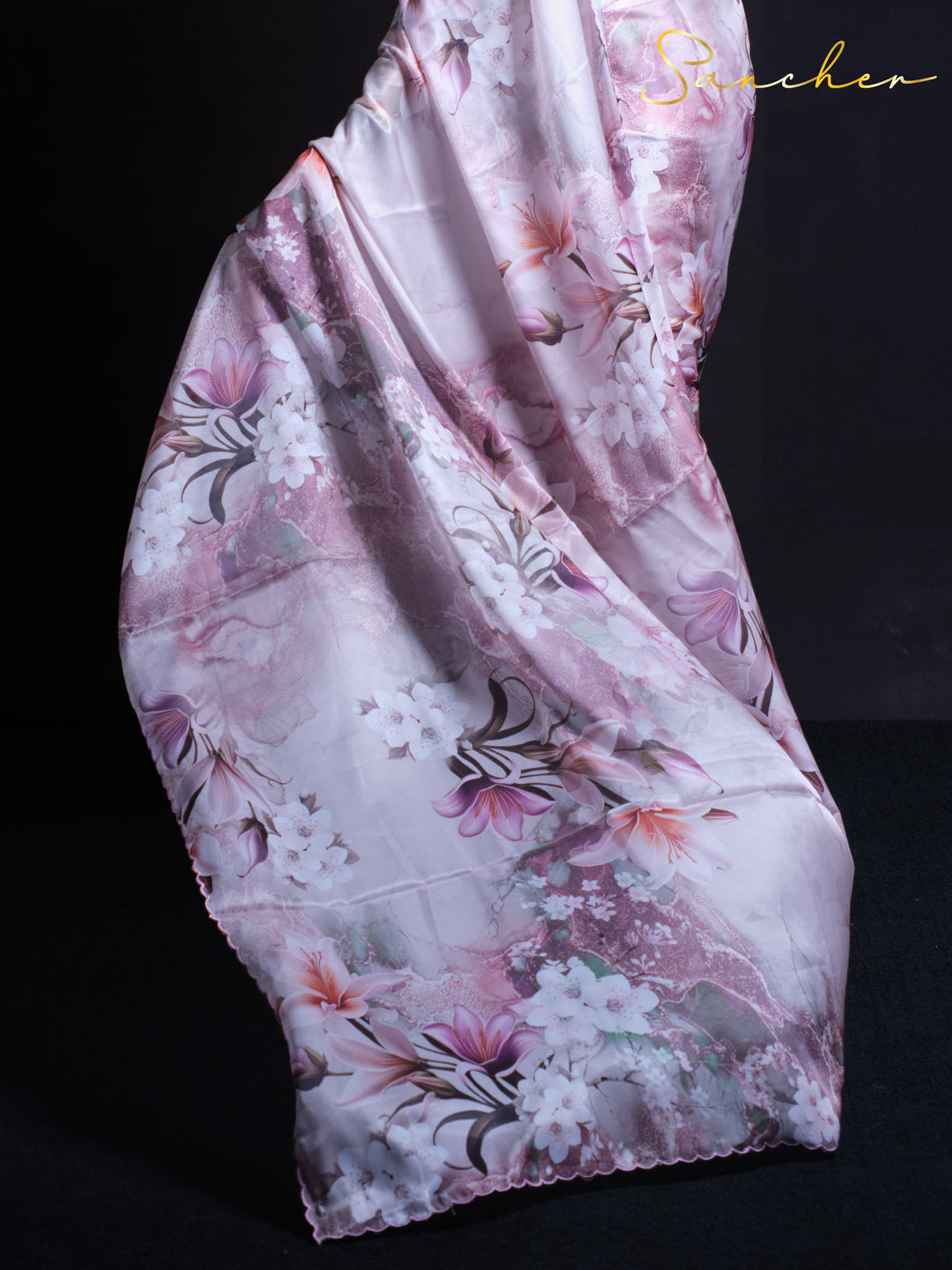 Full-length view of floral printed Late Tulip satin silk saree with contemporary styling