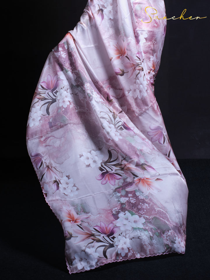 Full-length view of floral printed Late Tulip satin silk saree with contemporary styling