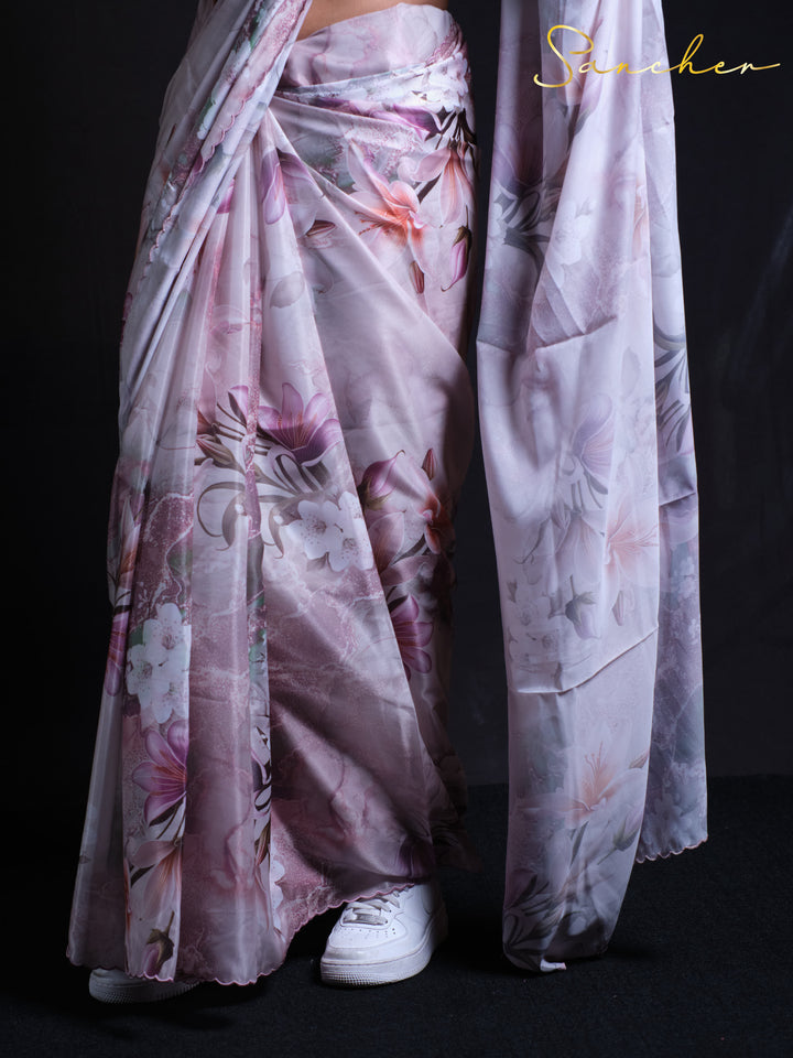 Model showcasing elegant drape of Late Tulip premium satin silk saree with stylish pose