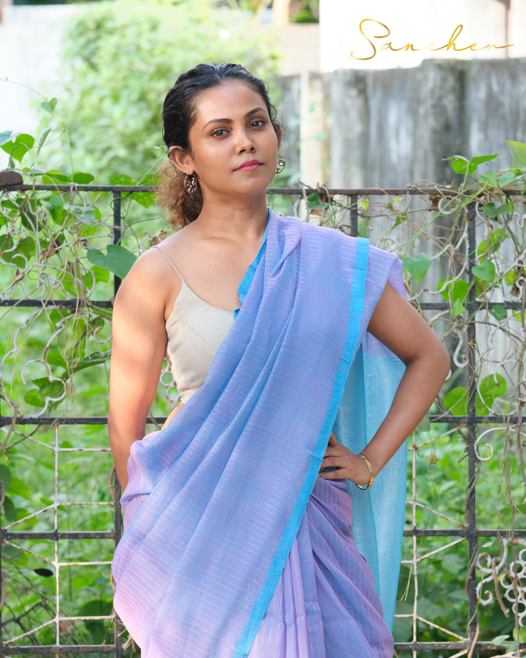 Indigo Lavender Mulmul Cotton Saree