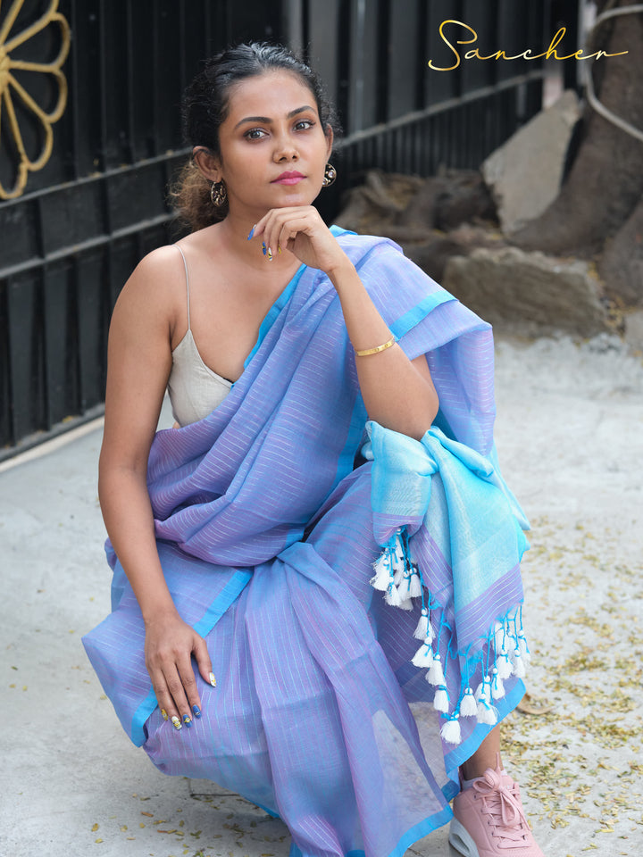 Indigo Lavender Mulmul Cotton Saree