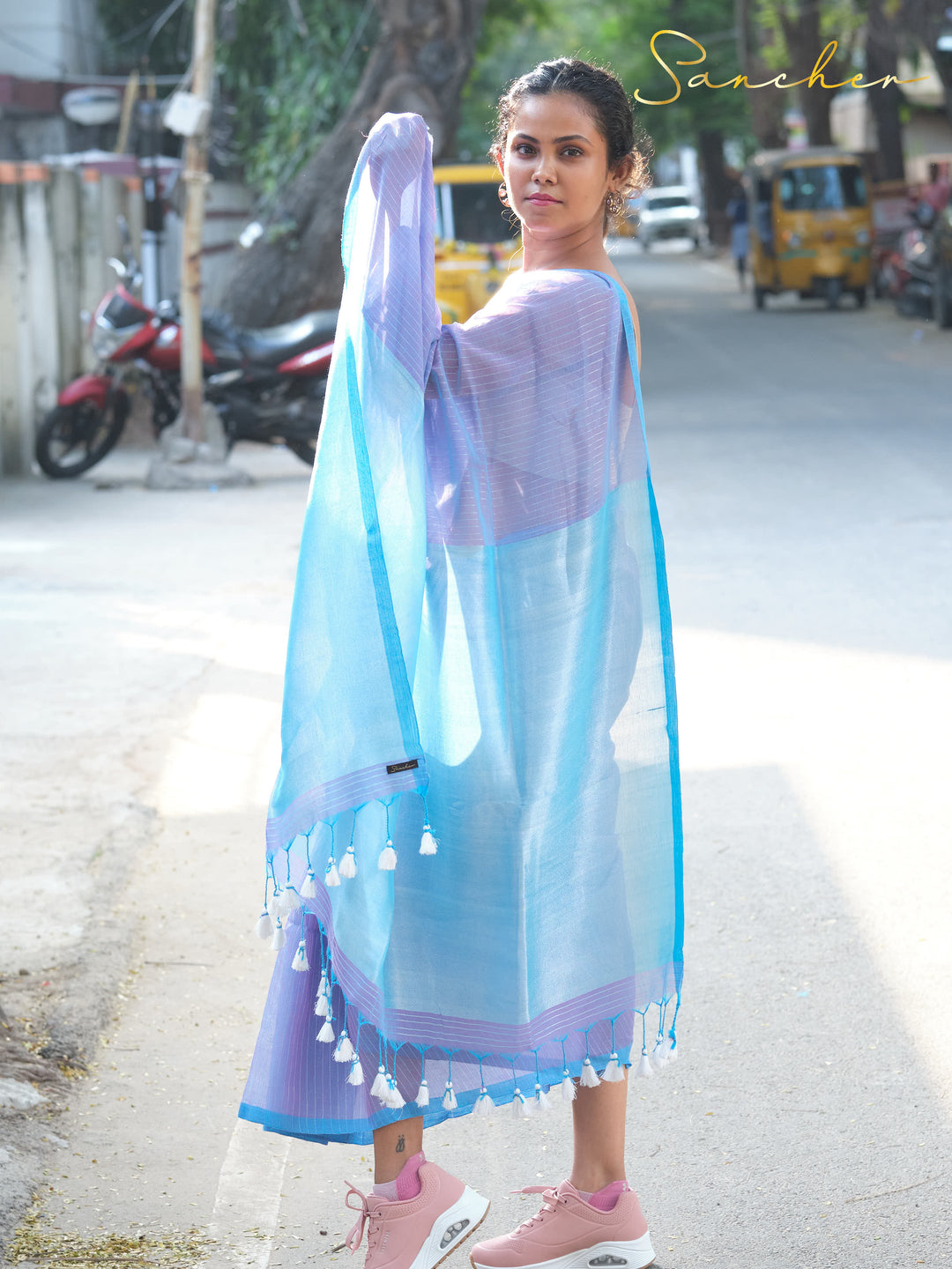 Indigo Lavender Mulmul Cotton Saree