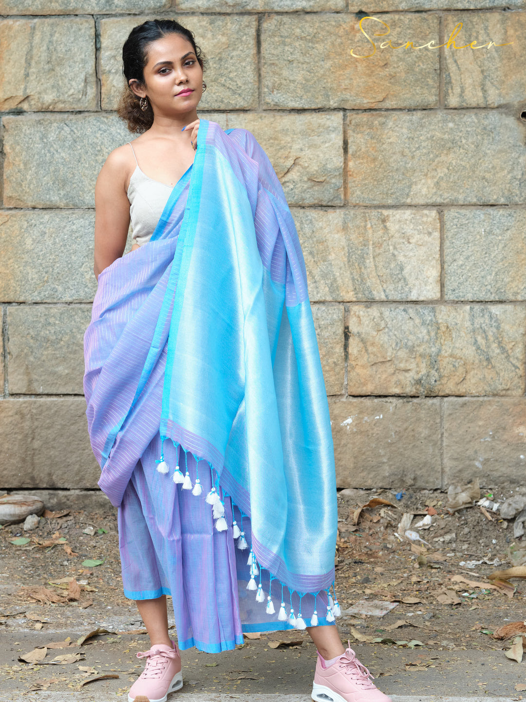 Indigo Lavender Mulmul Cotton Saree
