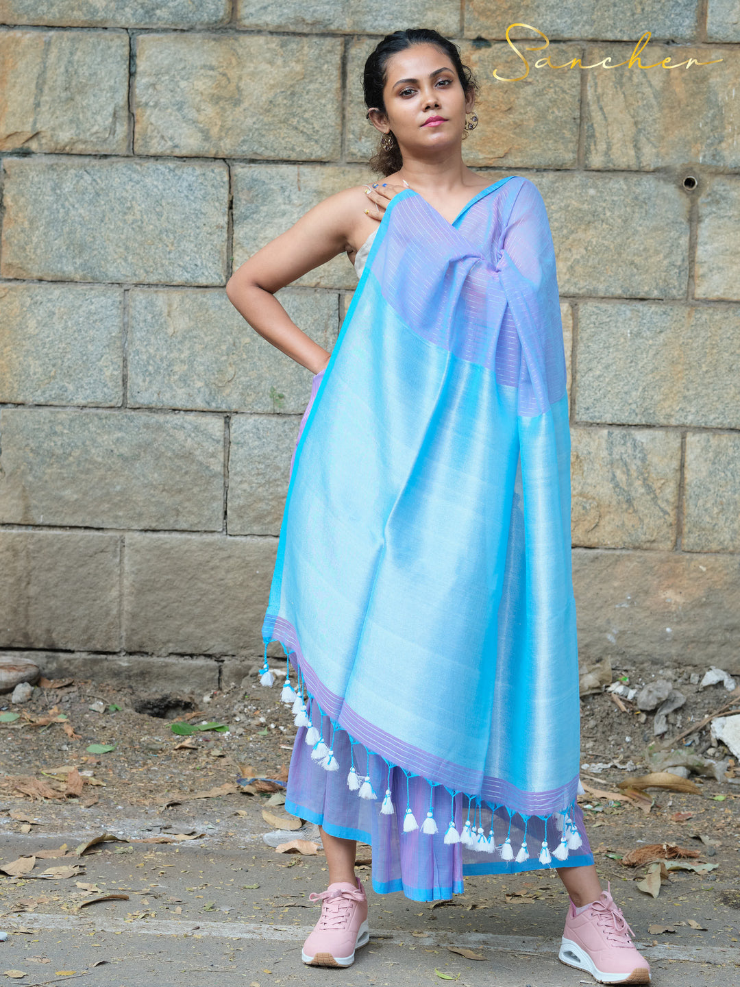 Indigo Lavender Mulmul Cotton Saree