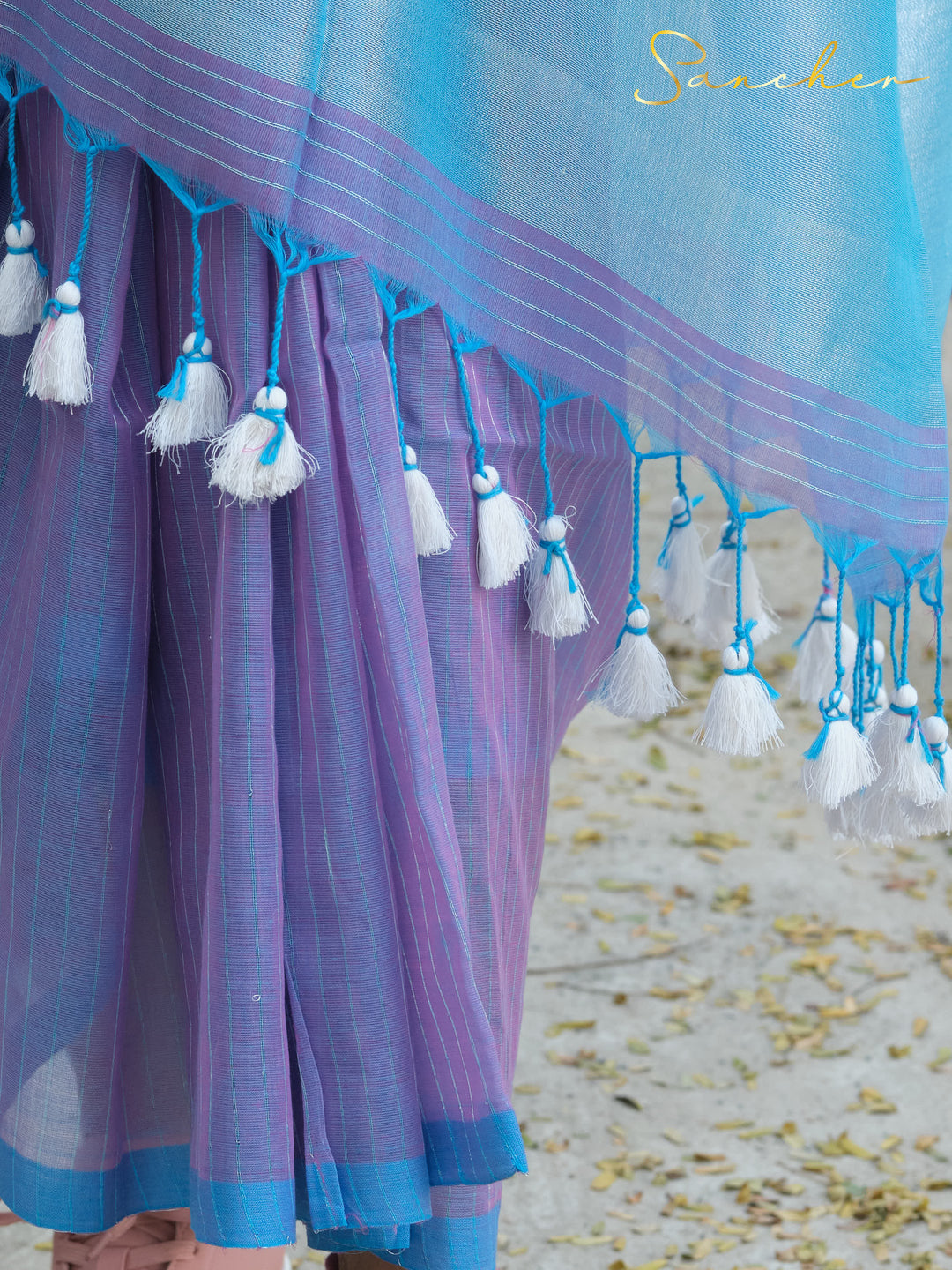 Indigo Lavender Mulmul Cotton Saree