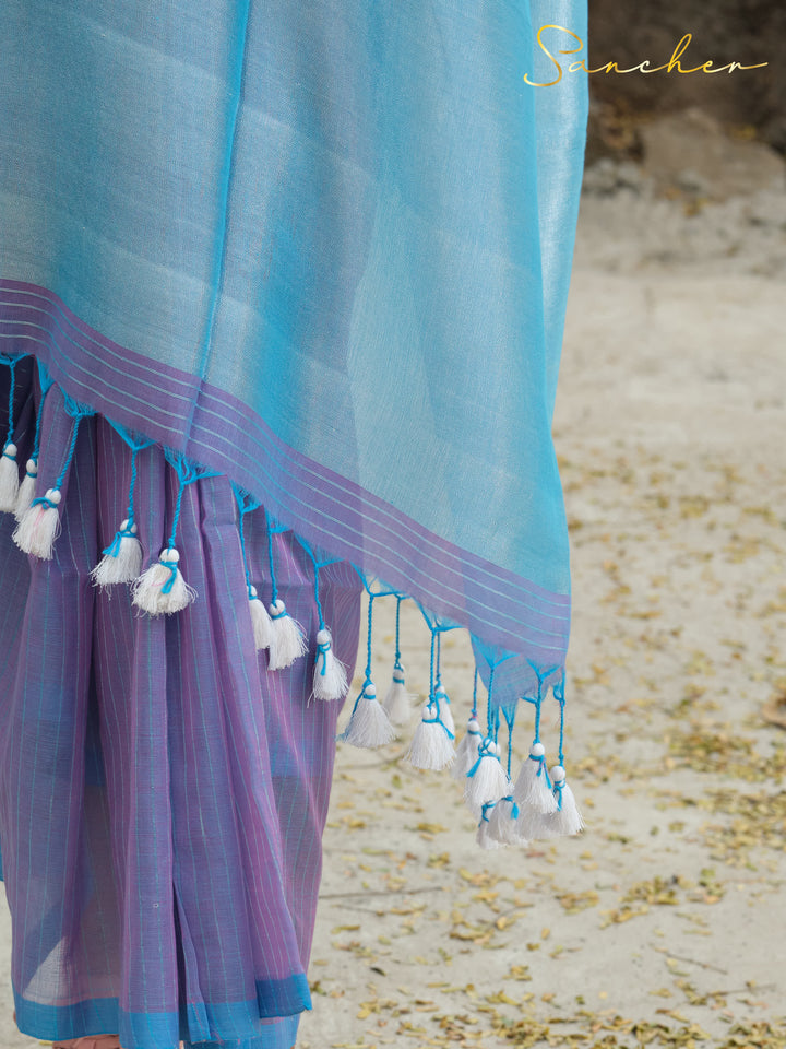 Indigo Lavender Mulmul Cotton Saree