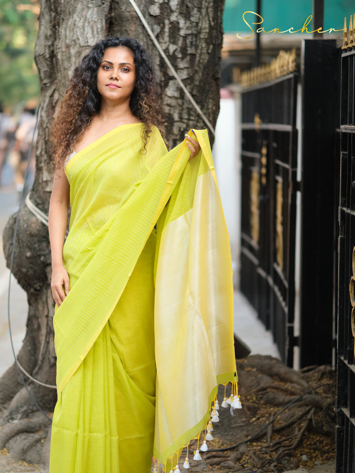 Lusty Lime Mulmul Cotton Saree
