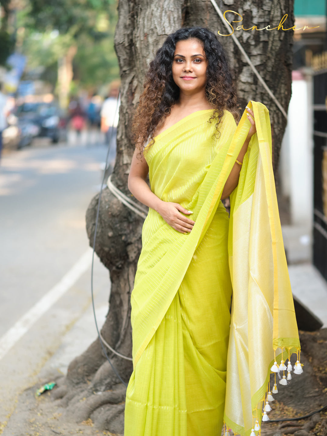 Lusty Lime Mulmul Cotton Saree