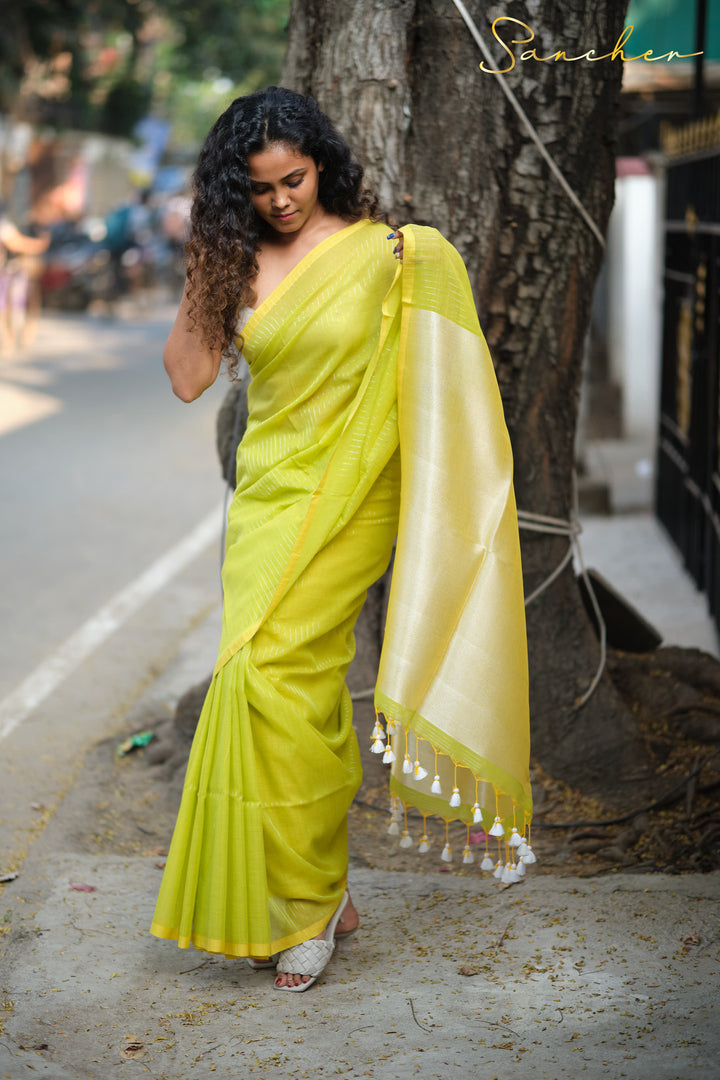 Lusty Lime Mulmul Cotton Saree