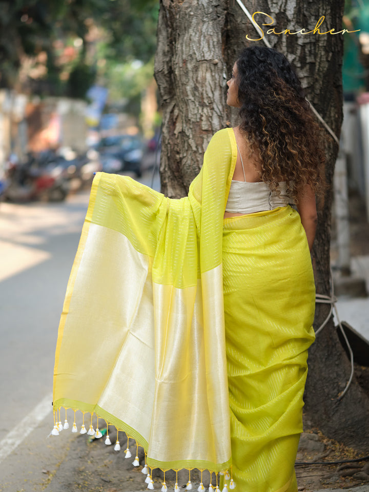 Lusty Lime Mulmul Cotton Saree