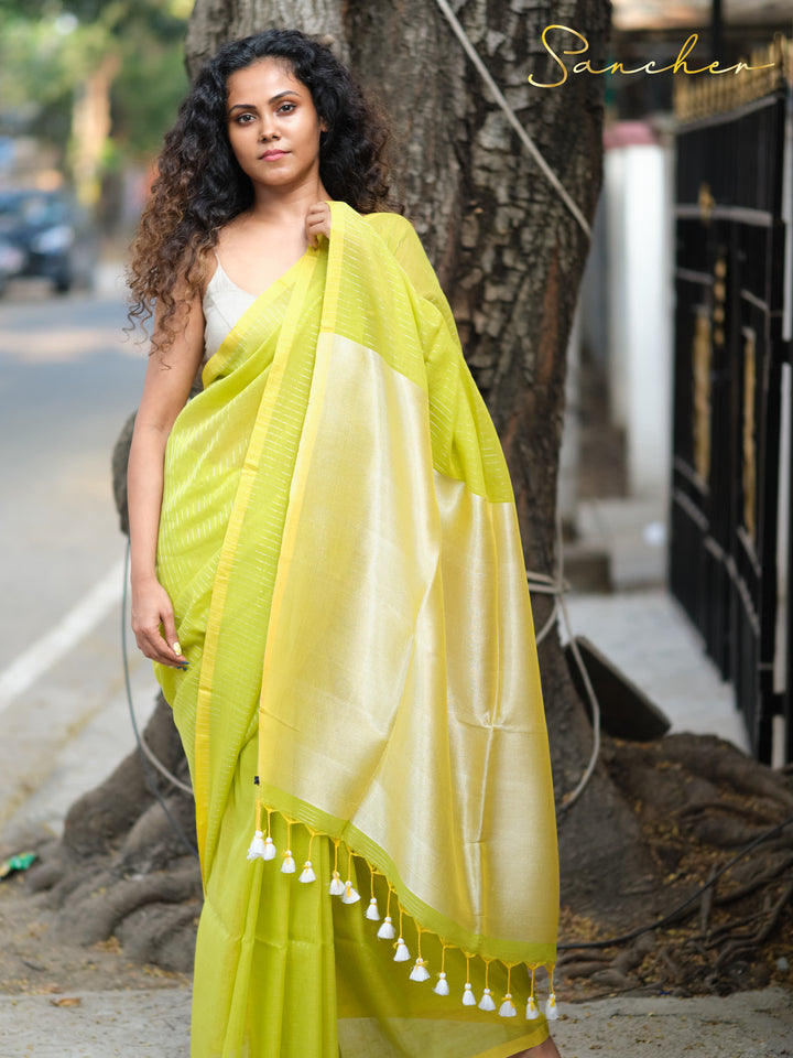 Lusty Lime Mulmul Cotton Saree