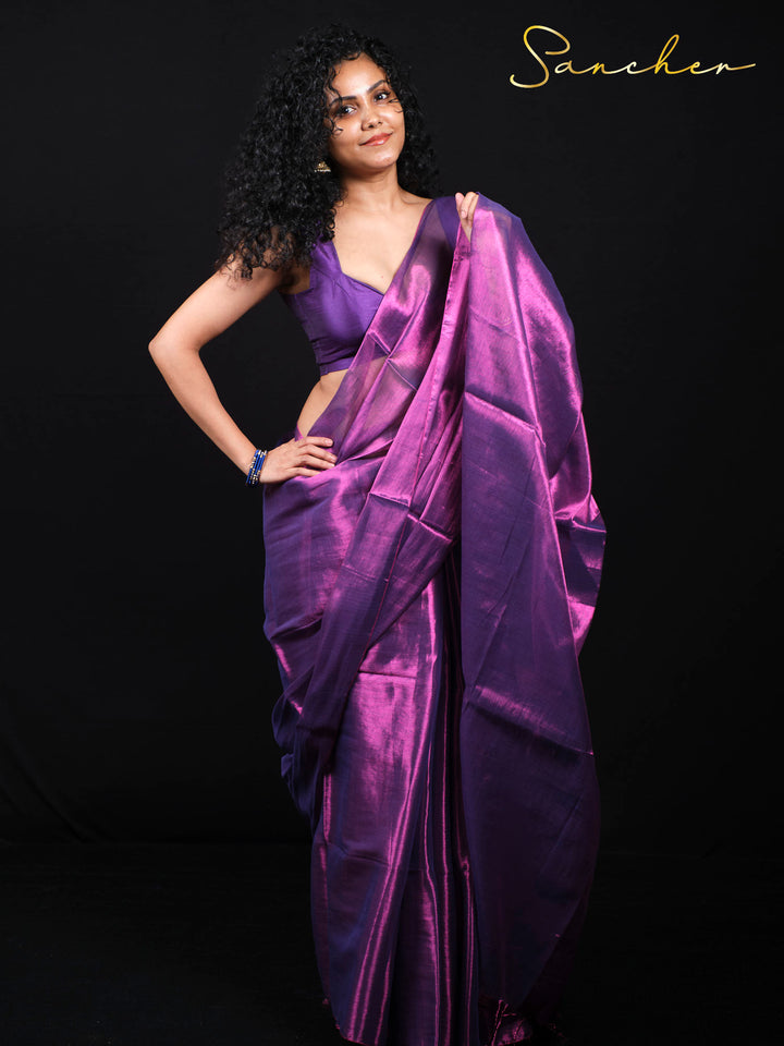 Full length view of magenta mystic mul zari saree with traditional draping style