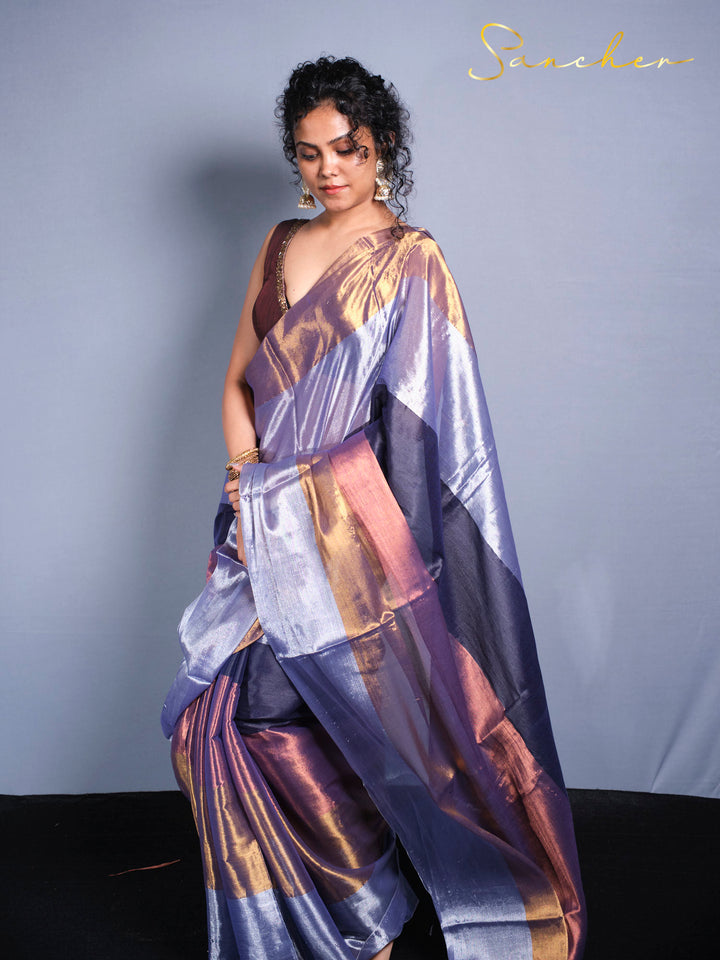 Elegant back view of designer Mul Zari saree with embellished blouse for party wear