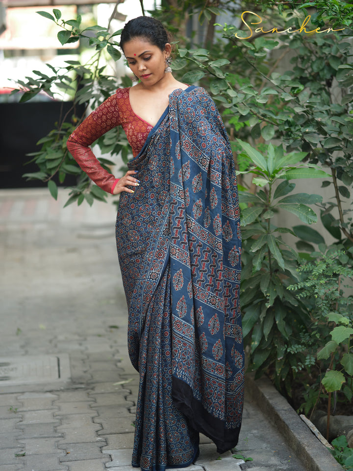 Majestic Mystique Blue Color Ajark Modal Silk Saree